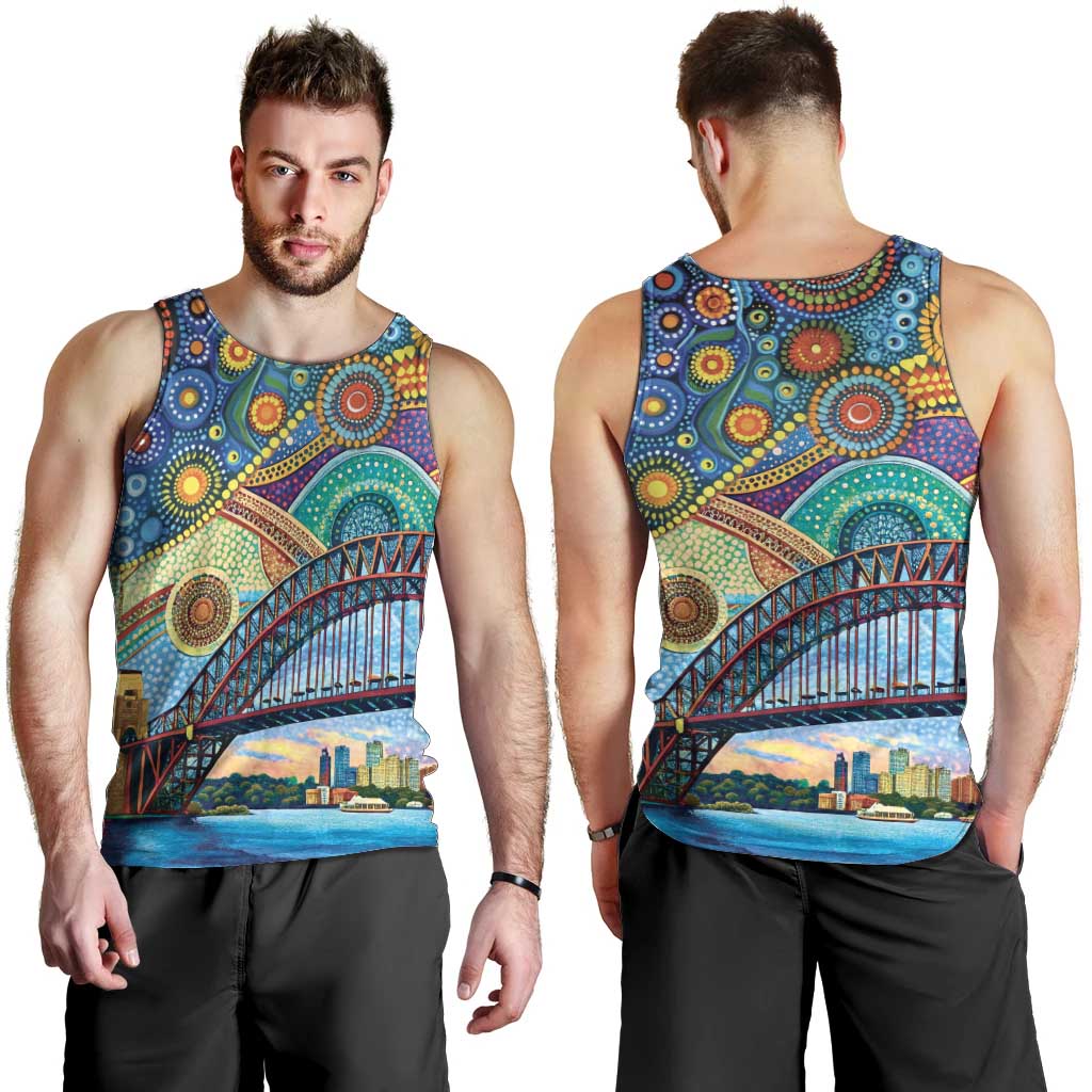 Australian Sydney Harbour Bridge Men Tank Top Aboriginal Dot Art - Vibe Hoodie Shop