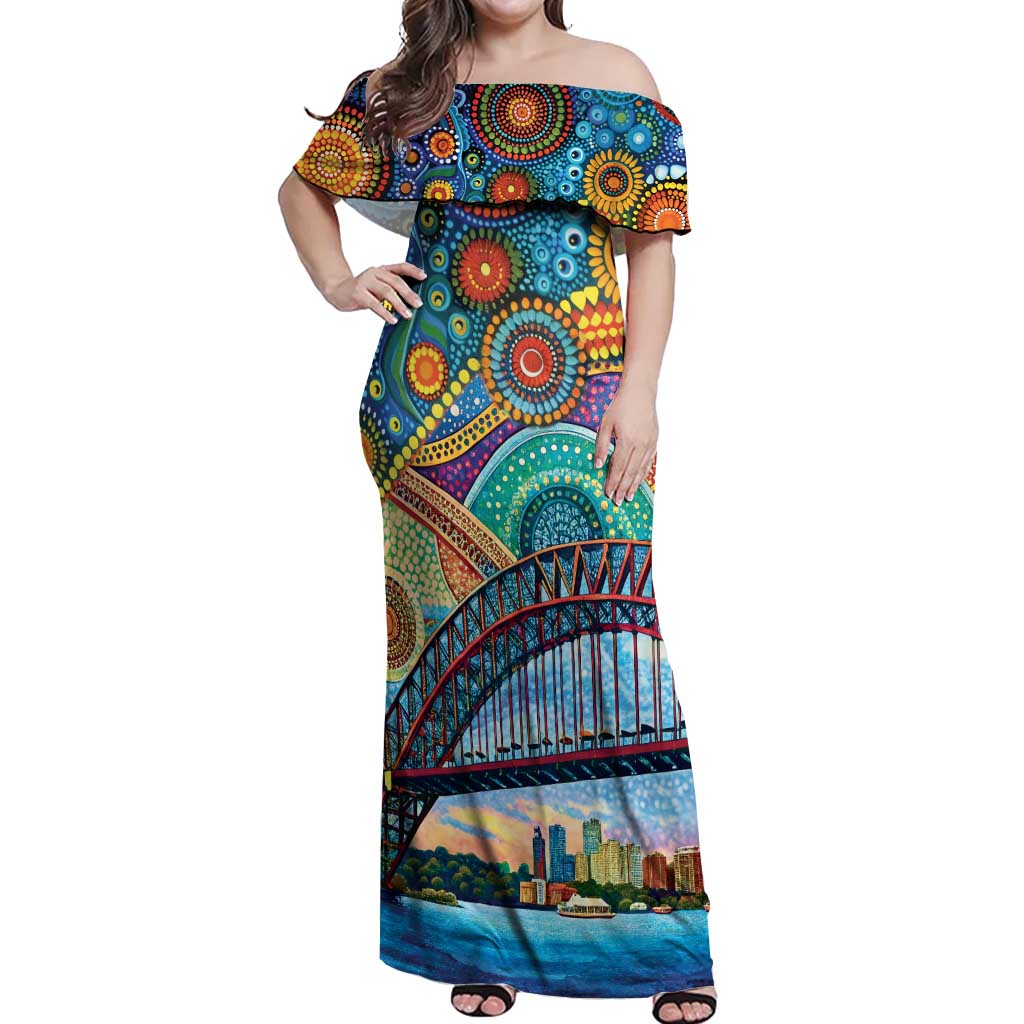 Australian Sydney Harbour Bridge Off Shoulder Maxi Dress Aboriginal Dot Art