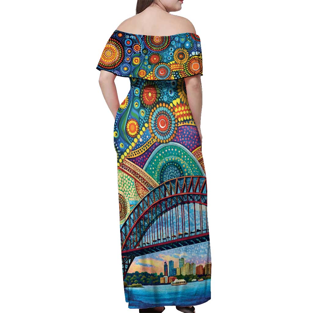 Australian Sydney Harbour Bridge Off Shoulder Maxi Dress Aboriginal Dot Art