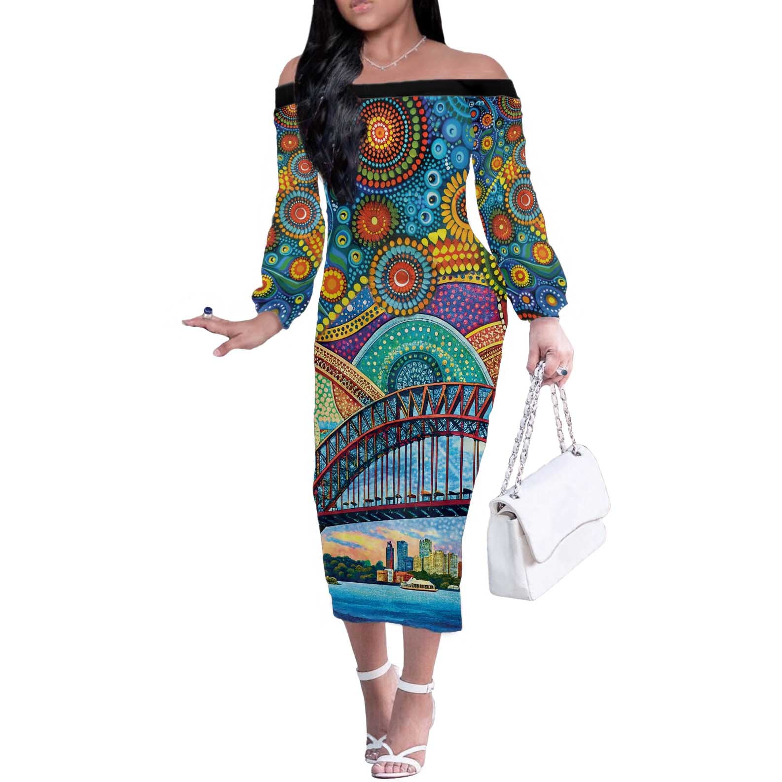 Australian Sydney Harbour Bridge Off The Shoulder Long Sleeve Dress Aboriginal Dot Art