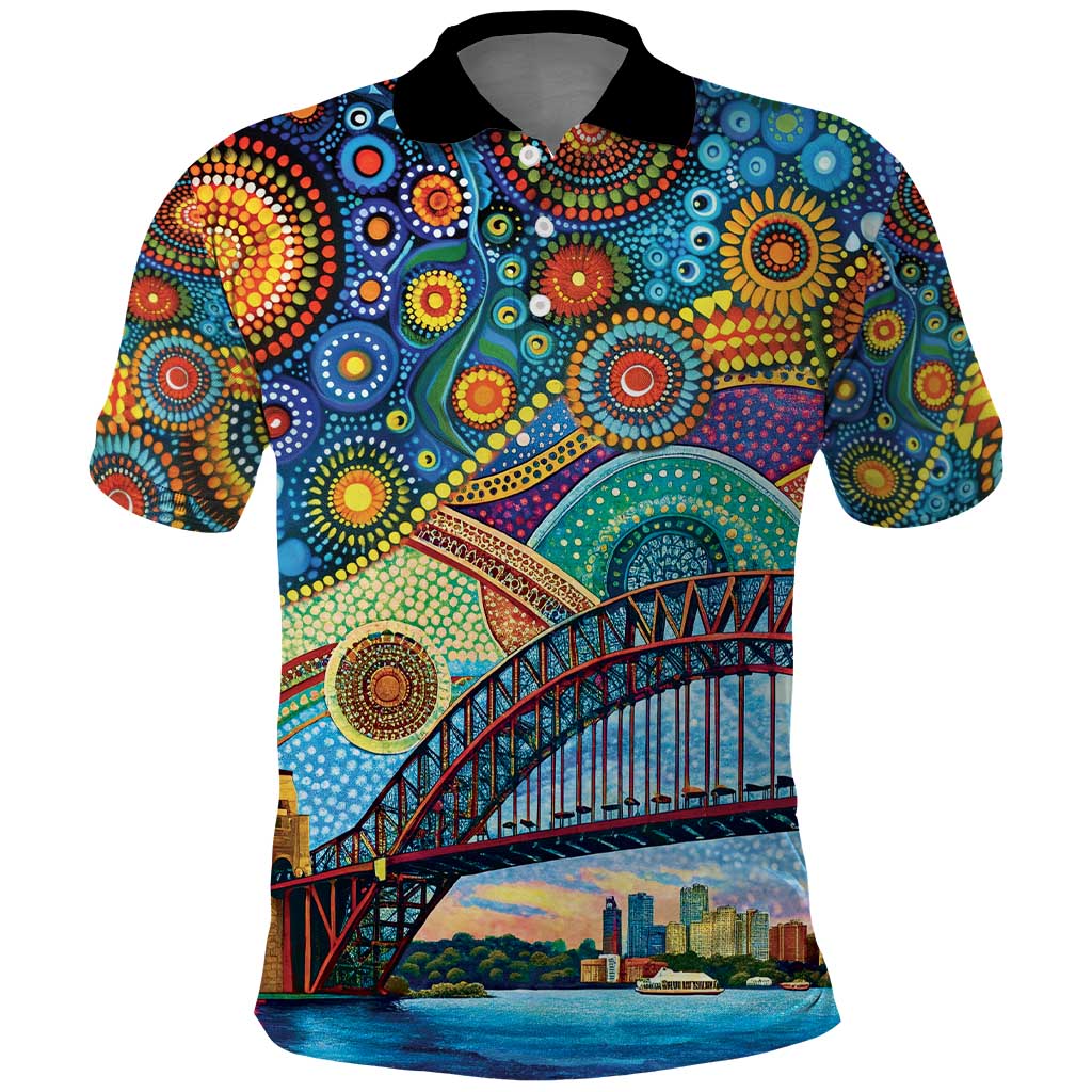 Australian Sydney Harbour Bridge Polo Shirt Aboriginal Dot Art LT9 - Vibe Hoodie Shop