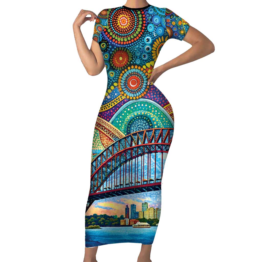 Australian Sydney Harbour Bridge Short Sleeve Bodycon Dress Aboriginal Dot Art