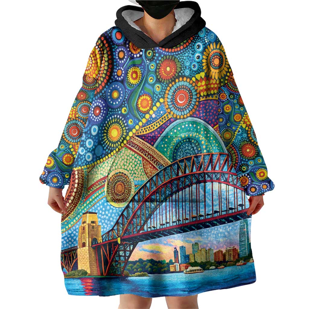 Australian Sydney Harbour Bridge Wearable Blanket Hoodie Aboriginal Dot Art - Vibe Hoodie Shop