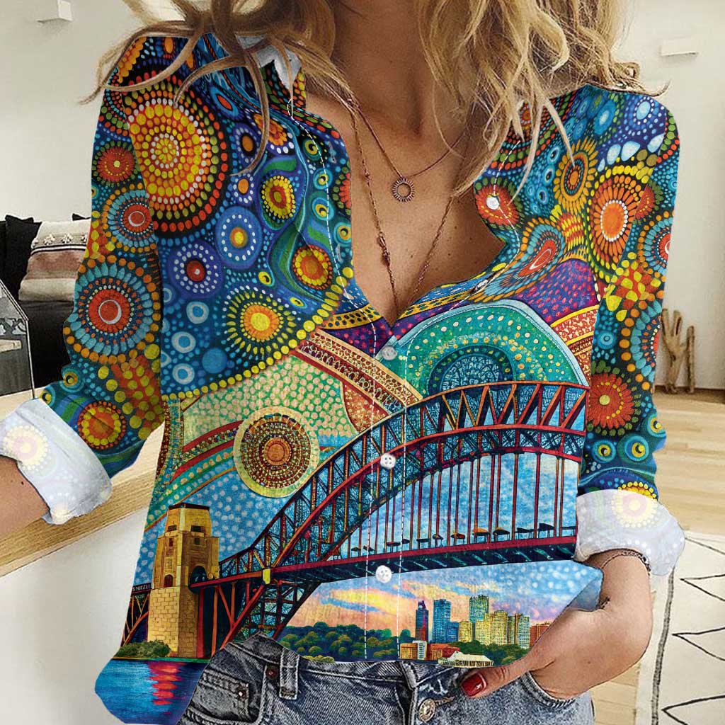 Australian Sydney Harbour Bridge Women Casual Shirt Aboriginal Dot Art - Vibe Hoodie Shop