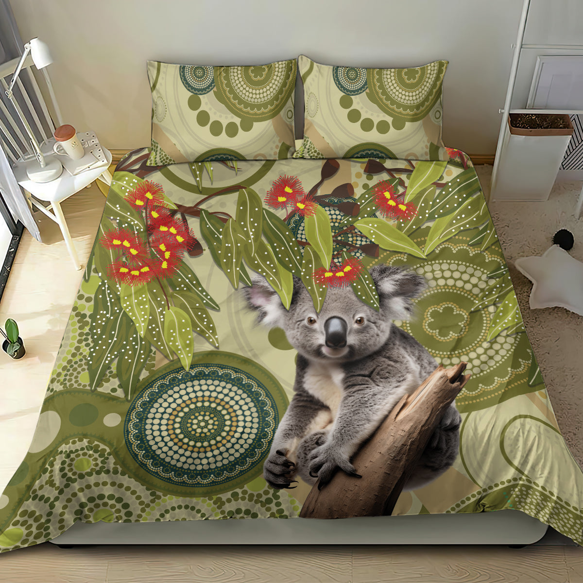 Aboriginal Koala Art Painting With Gum Blossom Bedding Set - Vibe Hoodie Shop