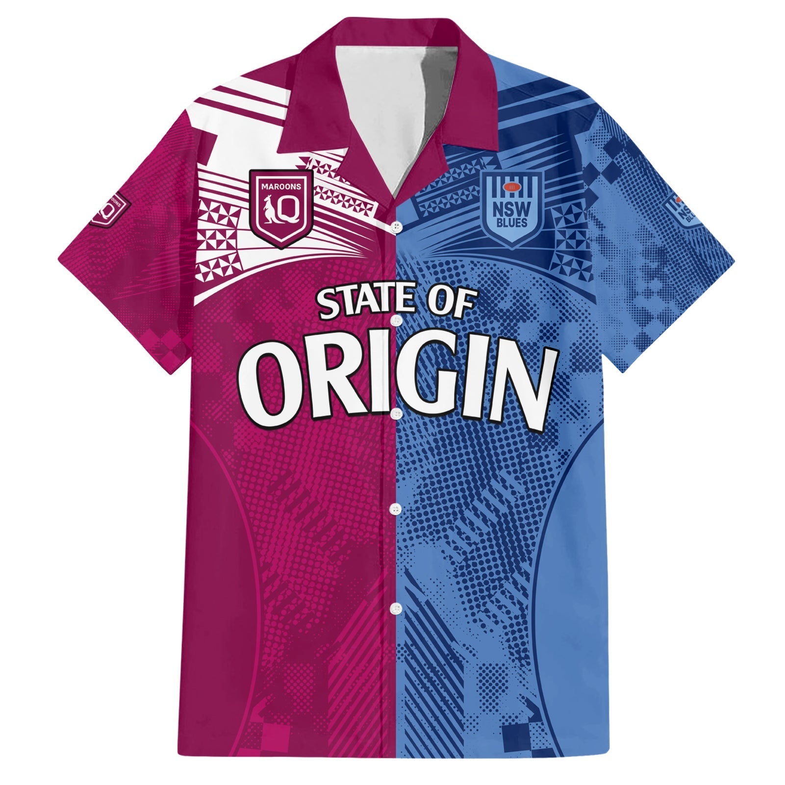 Blues and Maroons Rugby Hawaiian Shirt State of Origin NSW Combine QLD Sporty Style 2023 - Vibe Hoodie Shop