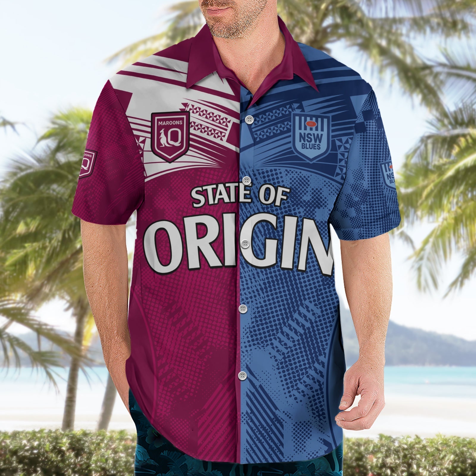 Blues and Maroons Rugby Hawaiian Shirt State of Origin NSW Combine QLD Sporty Style 2023 - Vibe Hoodie Shop