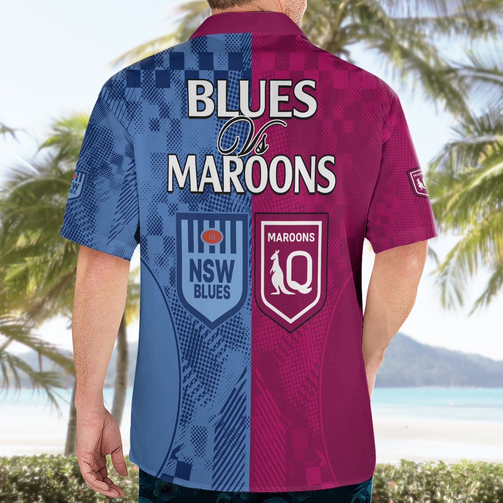 Blues and Maroons Rugby Hawaiian Shirt State of Origin NSW Combine QLD Sporty Style 2023 - Vibe Hoodie Shop