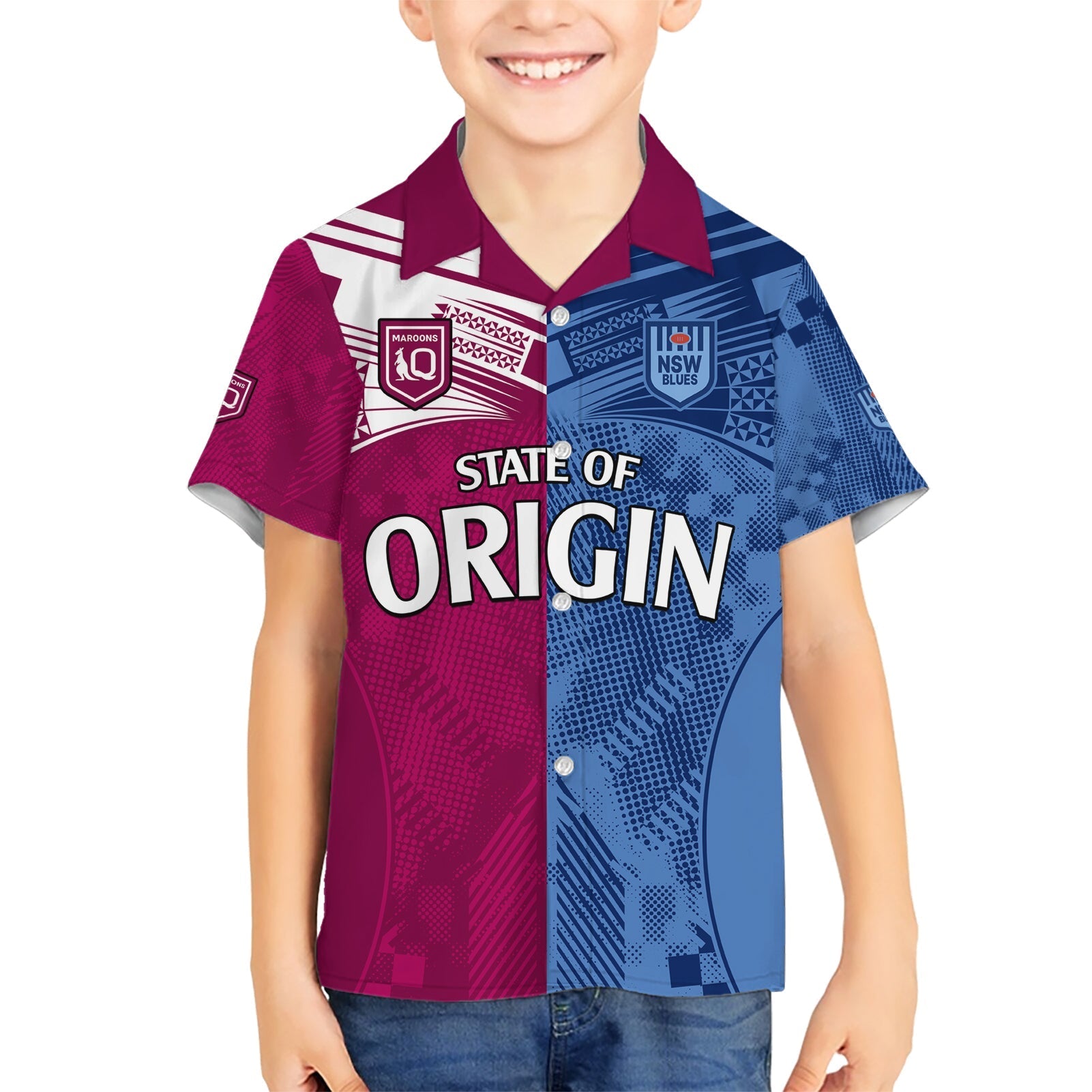 Blues and Maroons Rugby Hawaiian Shirt State of Origin NSW Combine QLD Sporty Style 2023 - Vibe Hoodie Shop