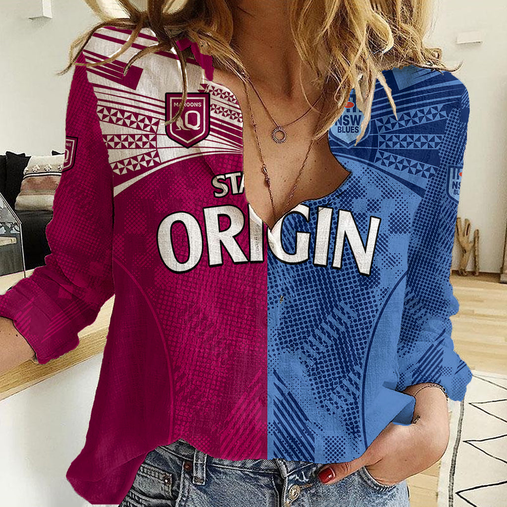 Blues and Maroons Rugby Women Casual Shirt State of Origin NSW Combine QLD Sporty Style 2023 - Vibe Hoodie Shop