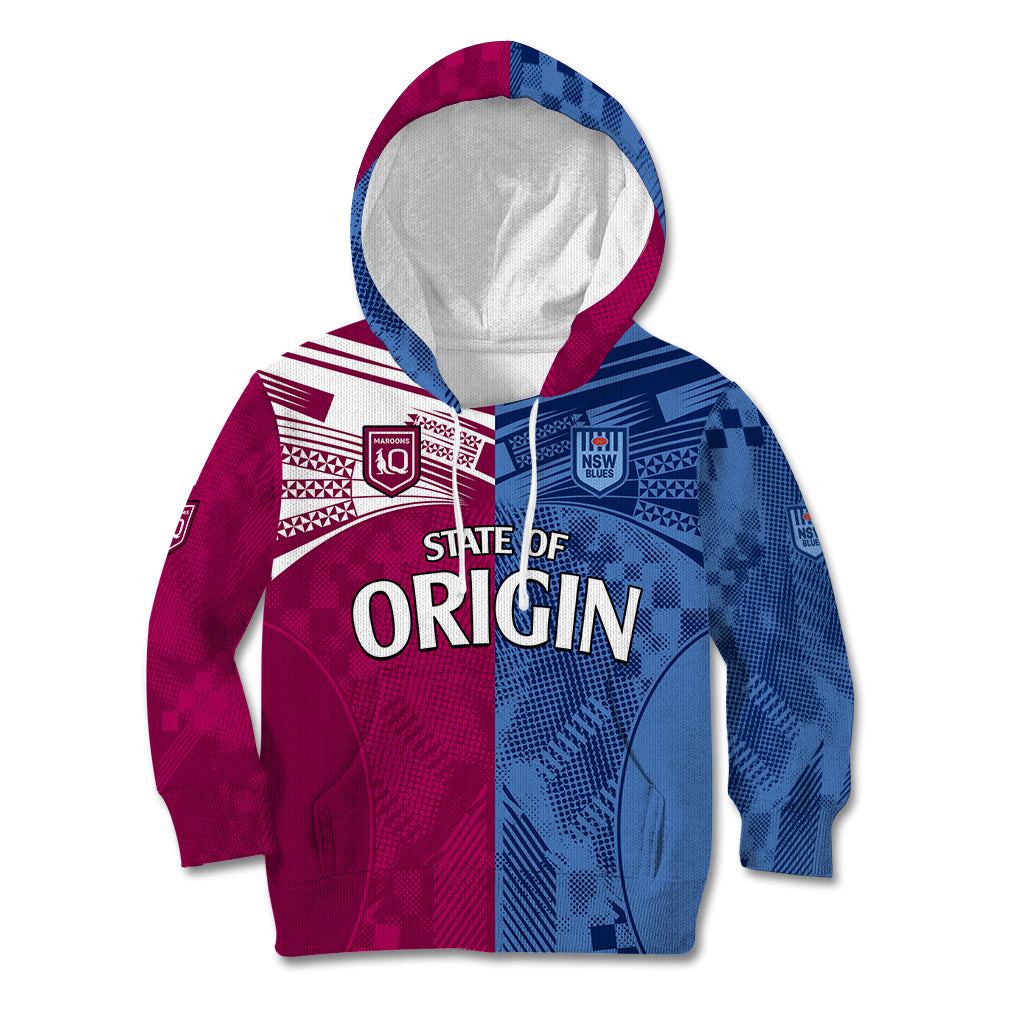 (Custom Text And Number) Blues and Maroons Rugby Kid Hoodie State of Origin NSW Combine QLD Sporty Style 2023 - Vibe Hoodie Shop