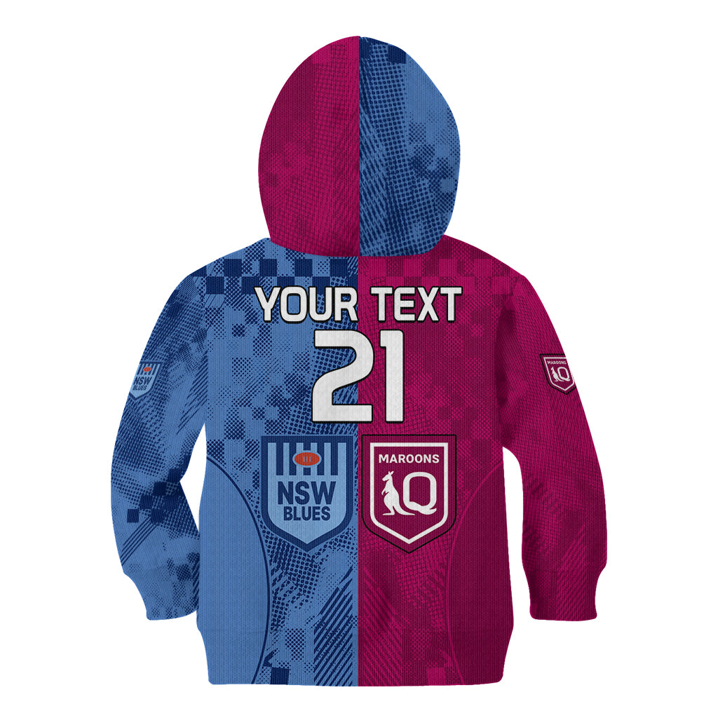 (Custom Text And Number) Blues and Maroons Rugby Kid Hoodie State of Origin NSW Combine QLD Sporty Style 2023 - Vibe Hoodie Shop