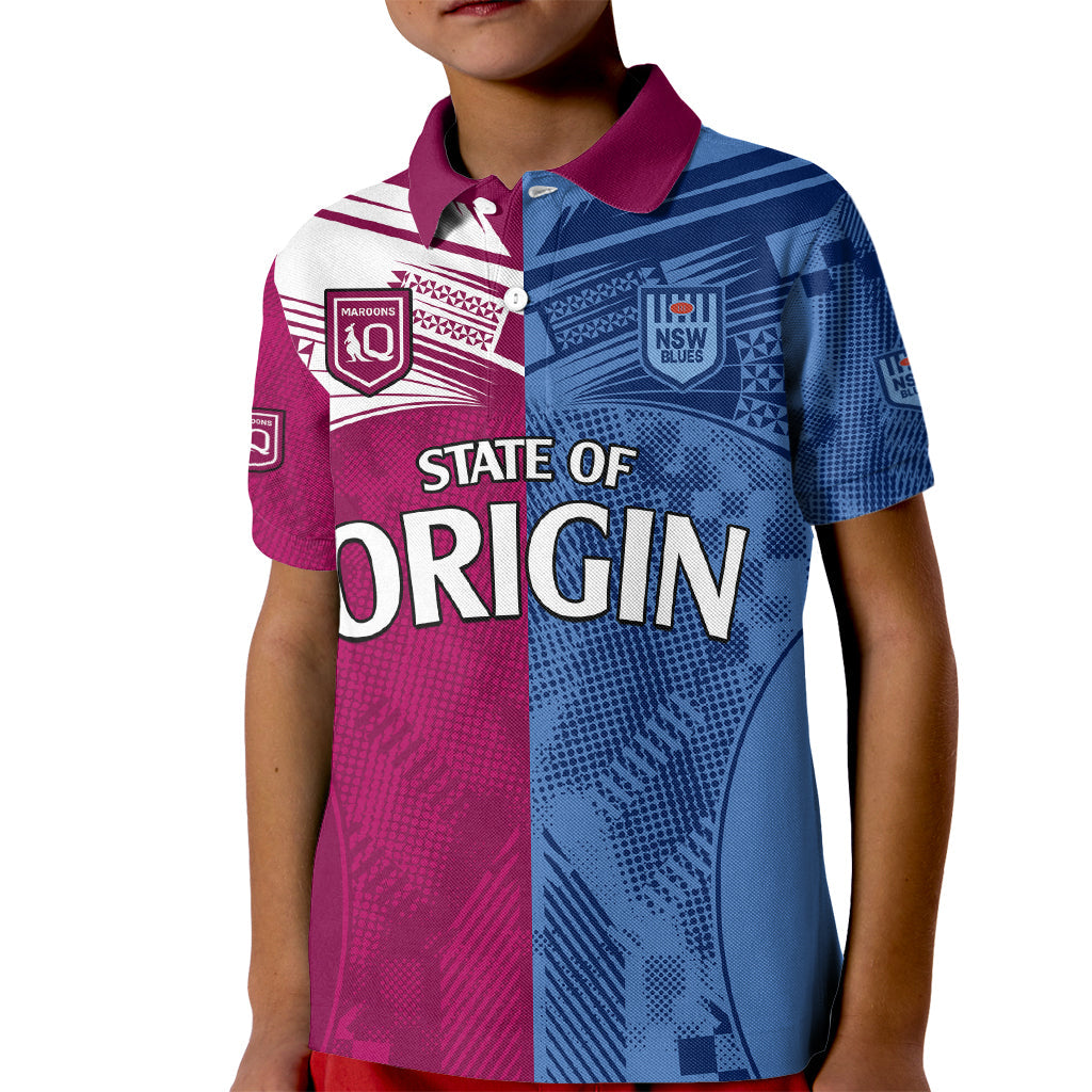 (Custom Text And Number) Blues and Maroons Rugby Kid Polo Shirt State of Origin NSW Combine QLD Sporty Style 2023 - Vibe Hoodie Shop
