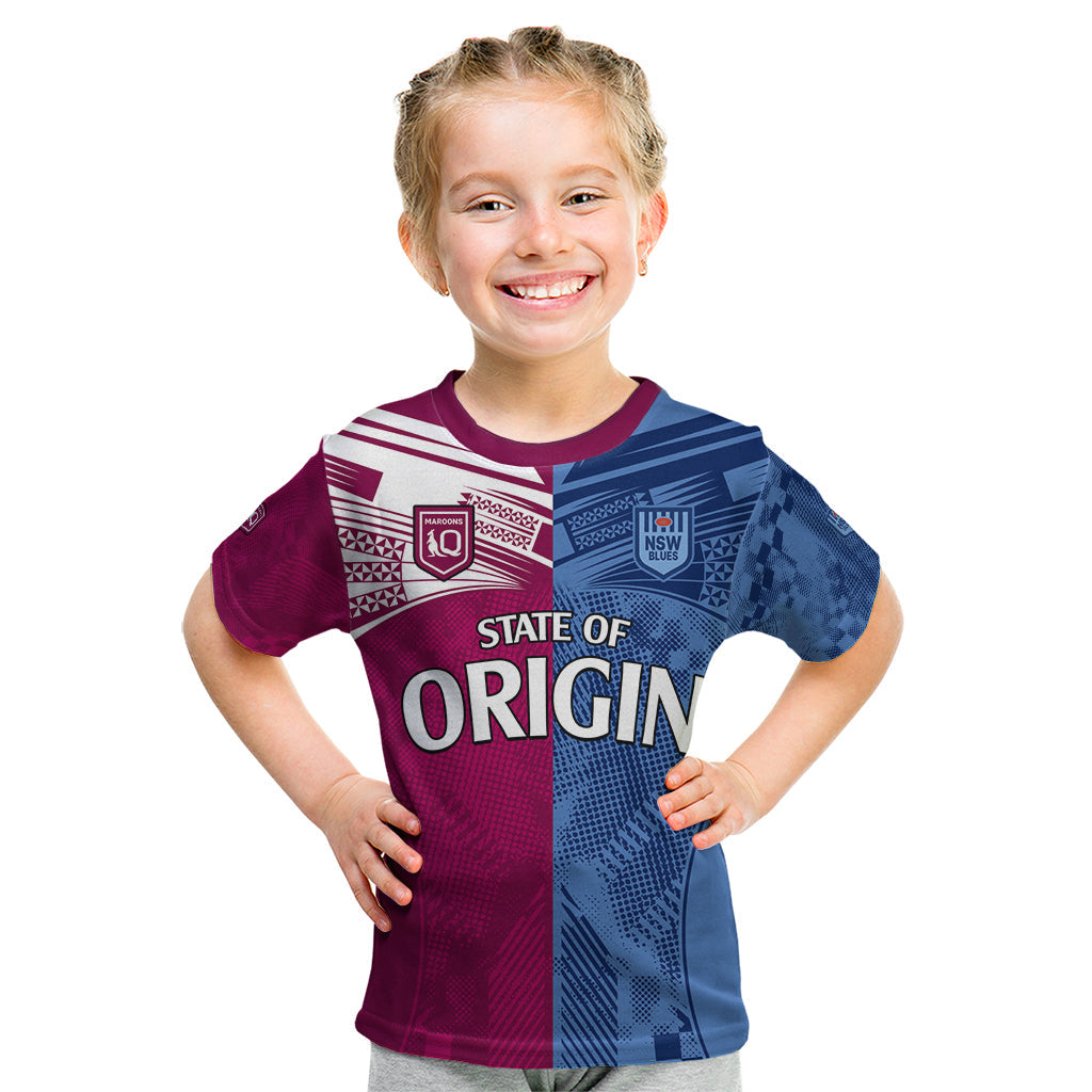 (Custom Text And Number) Blues and Maroons Rugby Kid T Shirt State of Origin NSW Combine QLD Sporty Style 2023 - Vibe Hoodie Shop