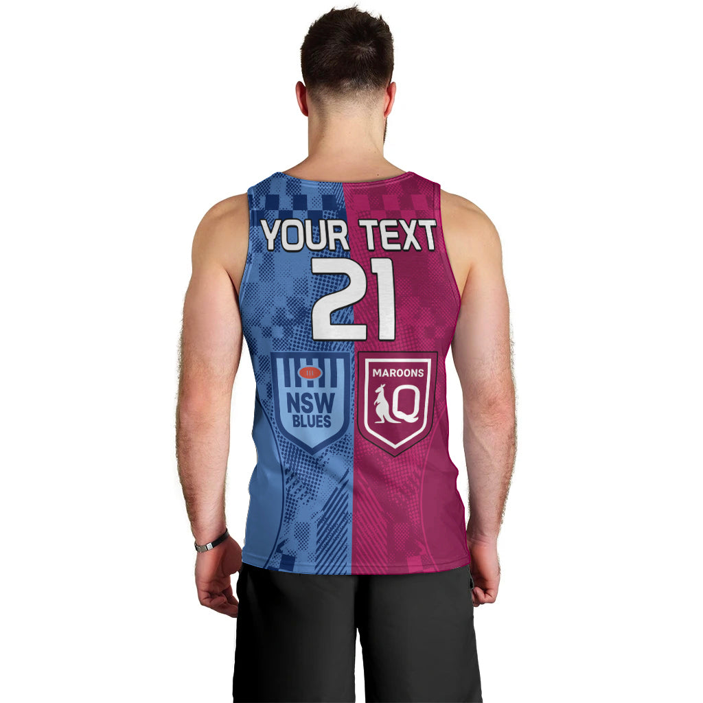 (Custom Text And Number) Blues and Maroons Rugby Men Tank Top State of Origin NSW Combine QLD Sporty Style 2023 - Vibe Hoodie Shop