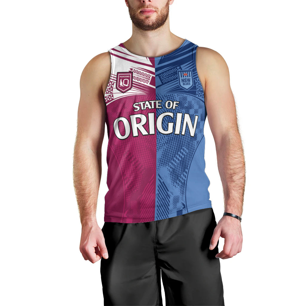(Custom Text And Number) Blues and Maroons Rugby Men Tank Top State of Origin NSW Combine QLD Sporty Style 2023 - Vibe Hoodie Shop