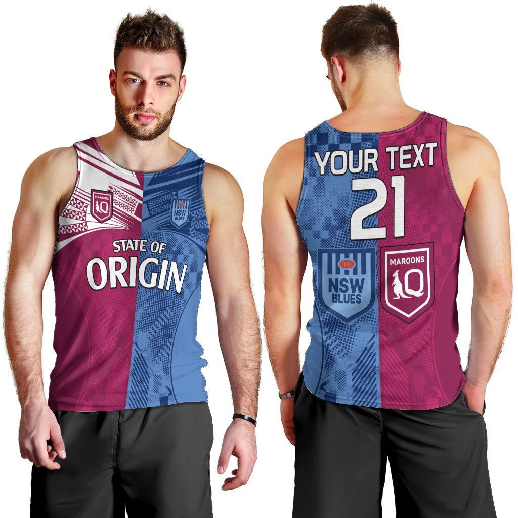 (Custom Text And Number) Blues and Maroons Rugby Men Tank Top State of Origin NSW Combine QLD Sporty Style 2023 - Vibe Hoodie Shop