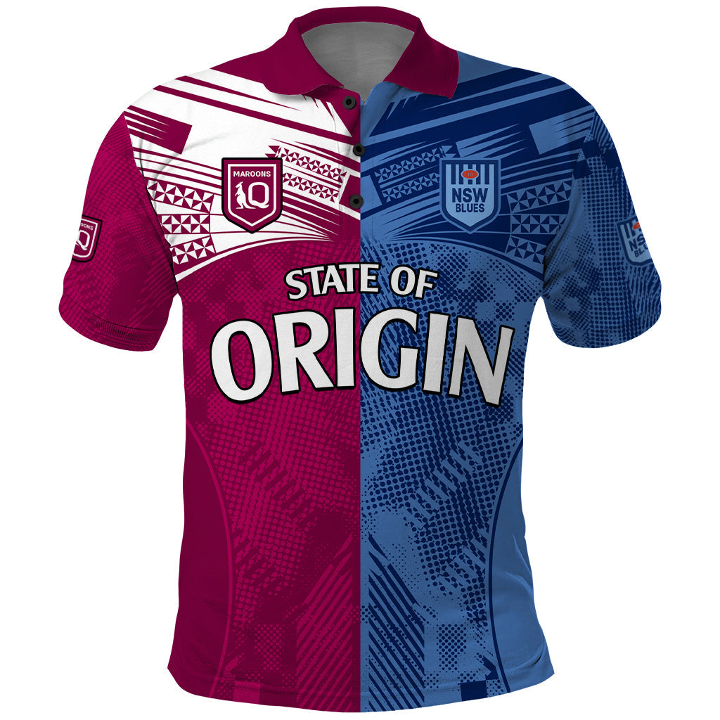 (Custom Text And Number) Blues and Maroons Rugby Polo Shirt State of Origin NSW Combine QLD Sporty Style 2023 LT9 - Vibe Hoodie Shop