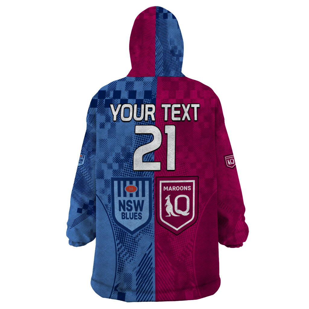 (Custom Text And Number) Blues and Maroons Rugby Wearable Blanket Hoodie State of Origin NSW Combine QLD Sporty Style 2023 - Vibe Hoodie Shop