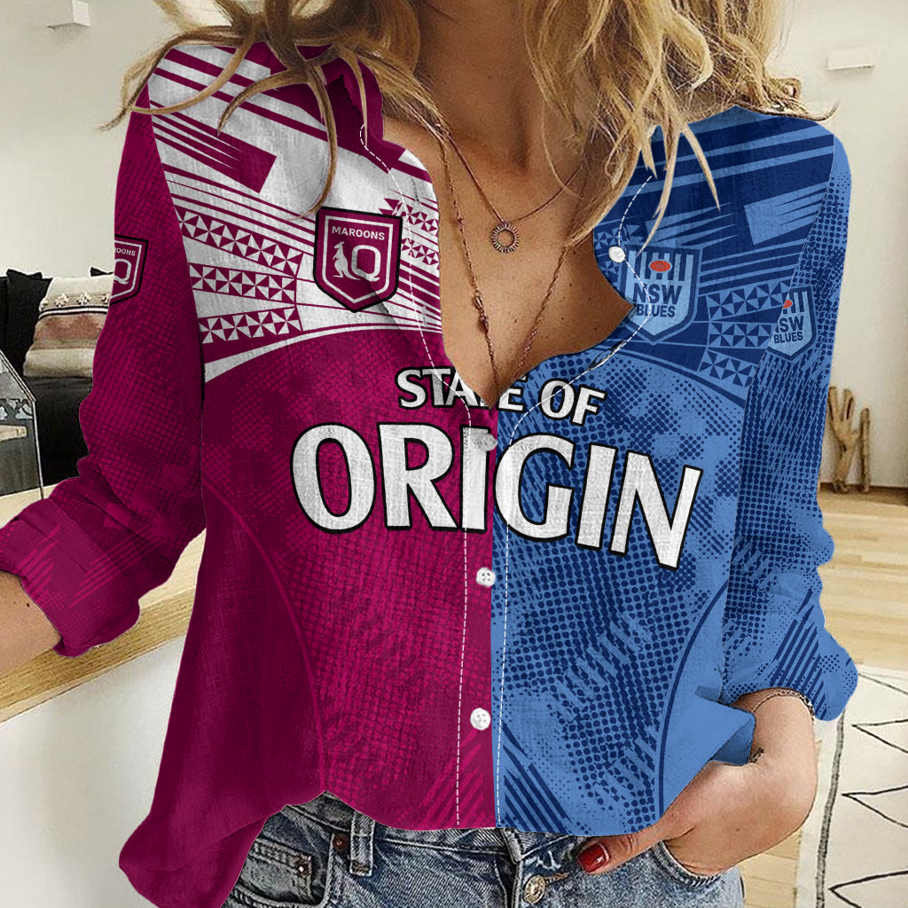 (Custom Text And Number) Blues and Maroons Rugby Women Casual Shirt State of Origin NSW Combine QLD Sporty Style 2023 - Vibe Hoodie Shop