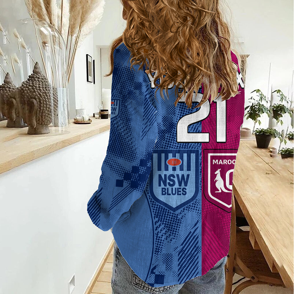 (Custom Text And Number) Blues and Maroons Rugby Women Casual Shirt State of Origin NSW Combine QLD Sporty Style 2023 - Vibe Hoodie Shop
