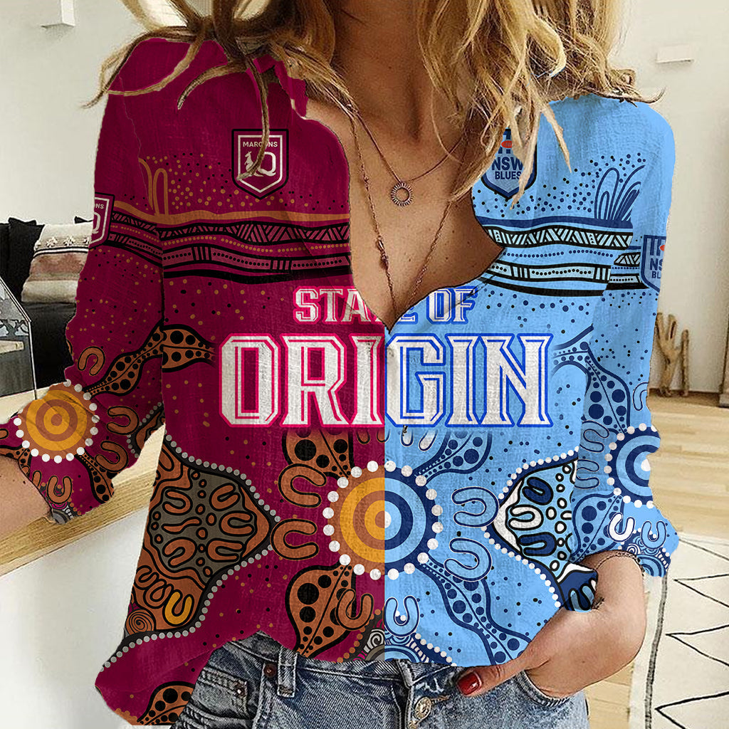 Blues and Maroons Rugby Women Casual Shirt State of Origin NSW Combine Queensland Aboriginal 2023 - Vibe Hoodie Shop