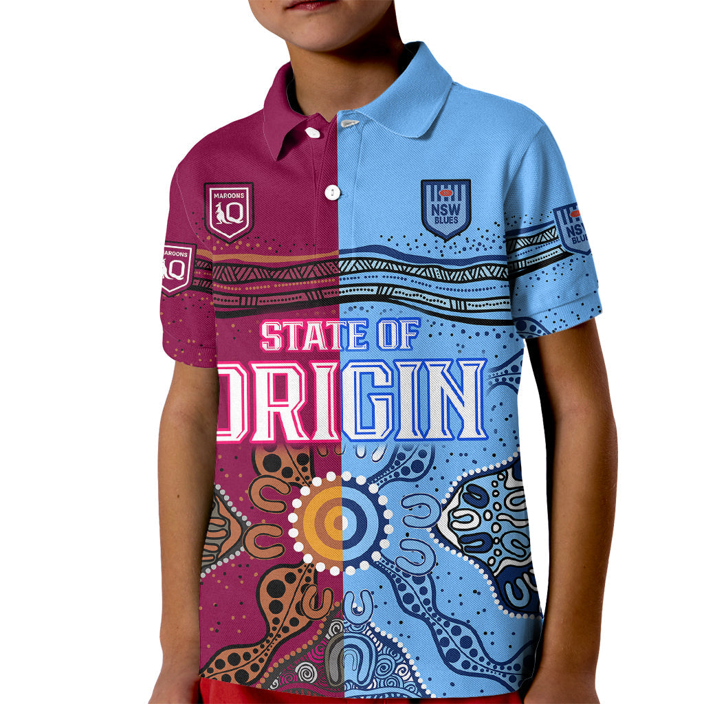 (Custom Text And Number) Blues and Maroons Rugby Kid Polo Shirt State of Origin NSW Combine Queensland Aboriginal 2023 - Vibe Hoodie Shop