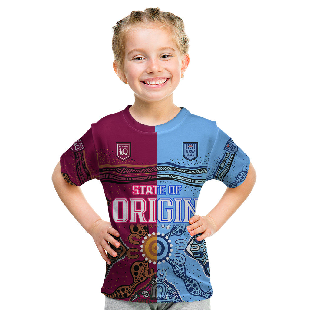(Custom Text And Number) Blues and Maroons Rugby Kid T Shirt State of Origin NSW Combine Queensland Aboriginal 2023 - Vibe Hoodie Shop