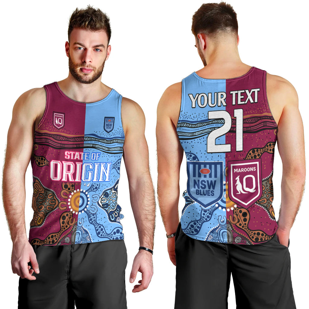 (Custom Text And Number) Blues and Maroons Rugby Men Tank Top State of Origin NSW Combine Queensland Aboriginal 2023 - Vibe Hoodie Shop