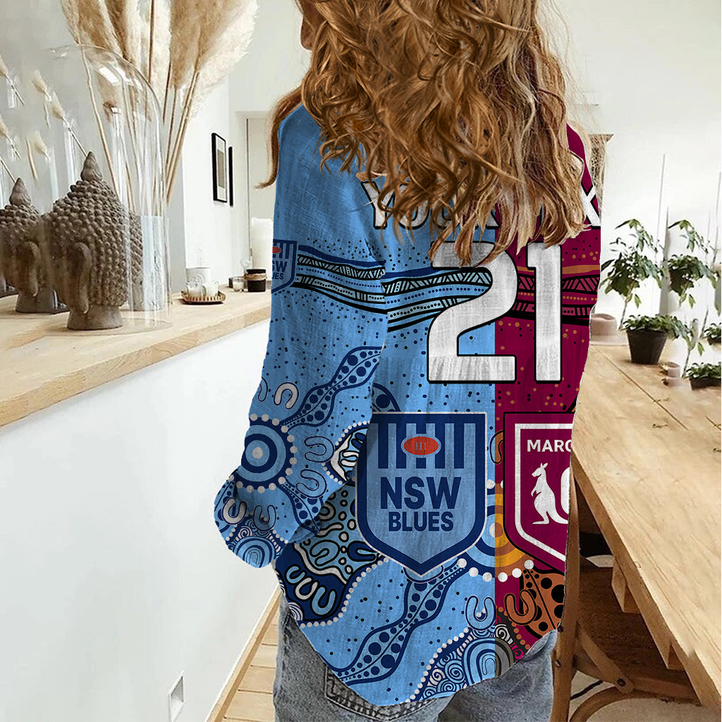 (Custom Text And Number) Blues and Maroons Rugby Women Casual Shirt State of Origin NSW Combine Queensland Aboriginal 2023 - Vibe Hoodie Shop