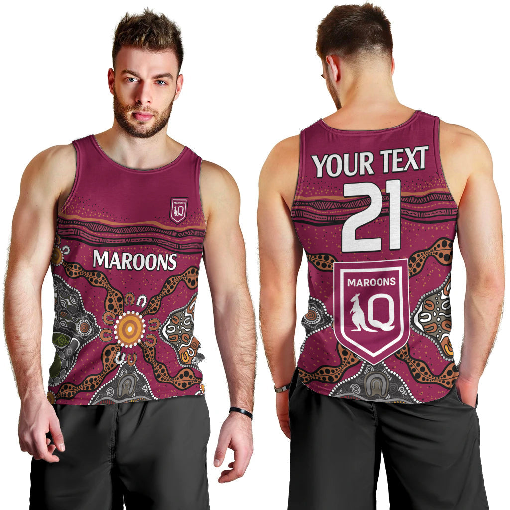 (Custom Text And Number) QLD Maroons Rugby Men Tank Top Queensland Aboriginal Origin - Vibe Hoodie Shop