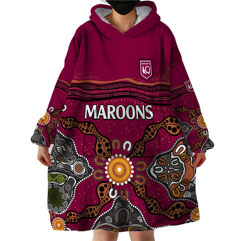 (Custom Text And Number) QLD Maroons Rugby Wearable Blanket Hoodie Queensland Aboriginal Origin - Vibe Hoodie Shop