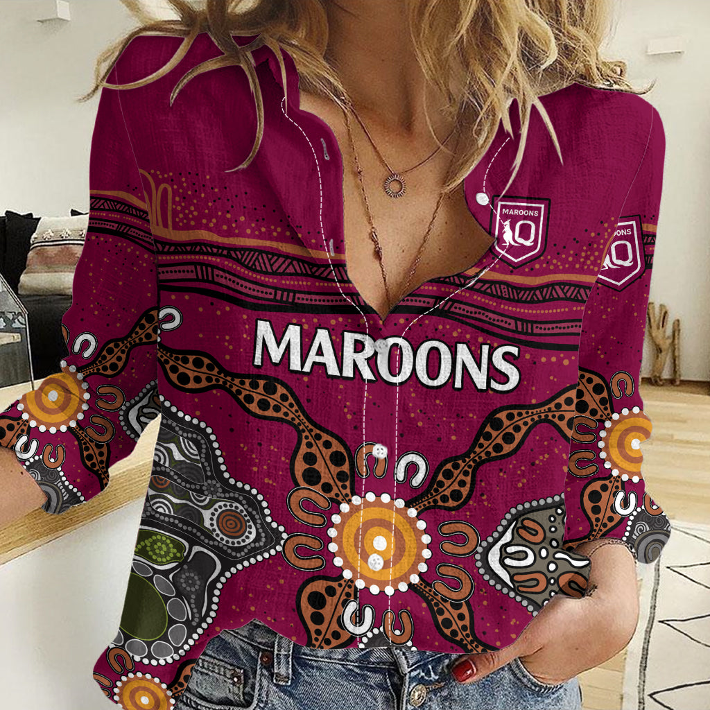 (Custom Text And Number) QLD Maroons Rugby Women Casual Shirt Queensland Aboriginal Origin - Vibe Hoodie Shop