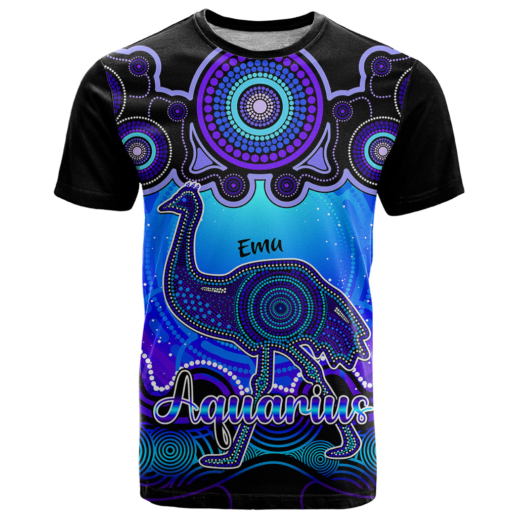 Personalised Australia Aquarius Emu Zodiac T Shirt Auz Astrology Aboriginal - Blue LT9 - Vibe Hoodie Shop