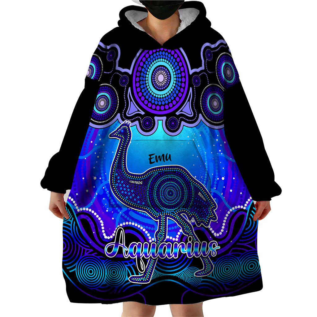 Personalised Australia Aquarius Emu Zodiac Wearable Blanket Hoodie Auz Astrology Aboriginal - Blue - Vibe Hoodie Shop