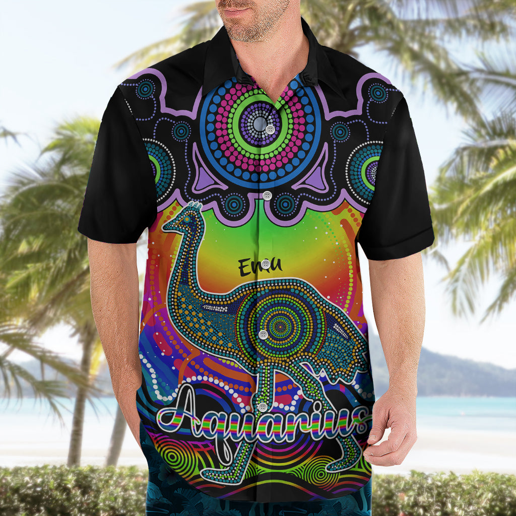 Personalised Australia Aquarius Emu Zodiac Hawaiian Shirt Auz Astrology Aboriginal - Rainbow - Vibe Hoodie Shop