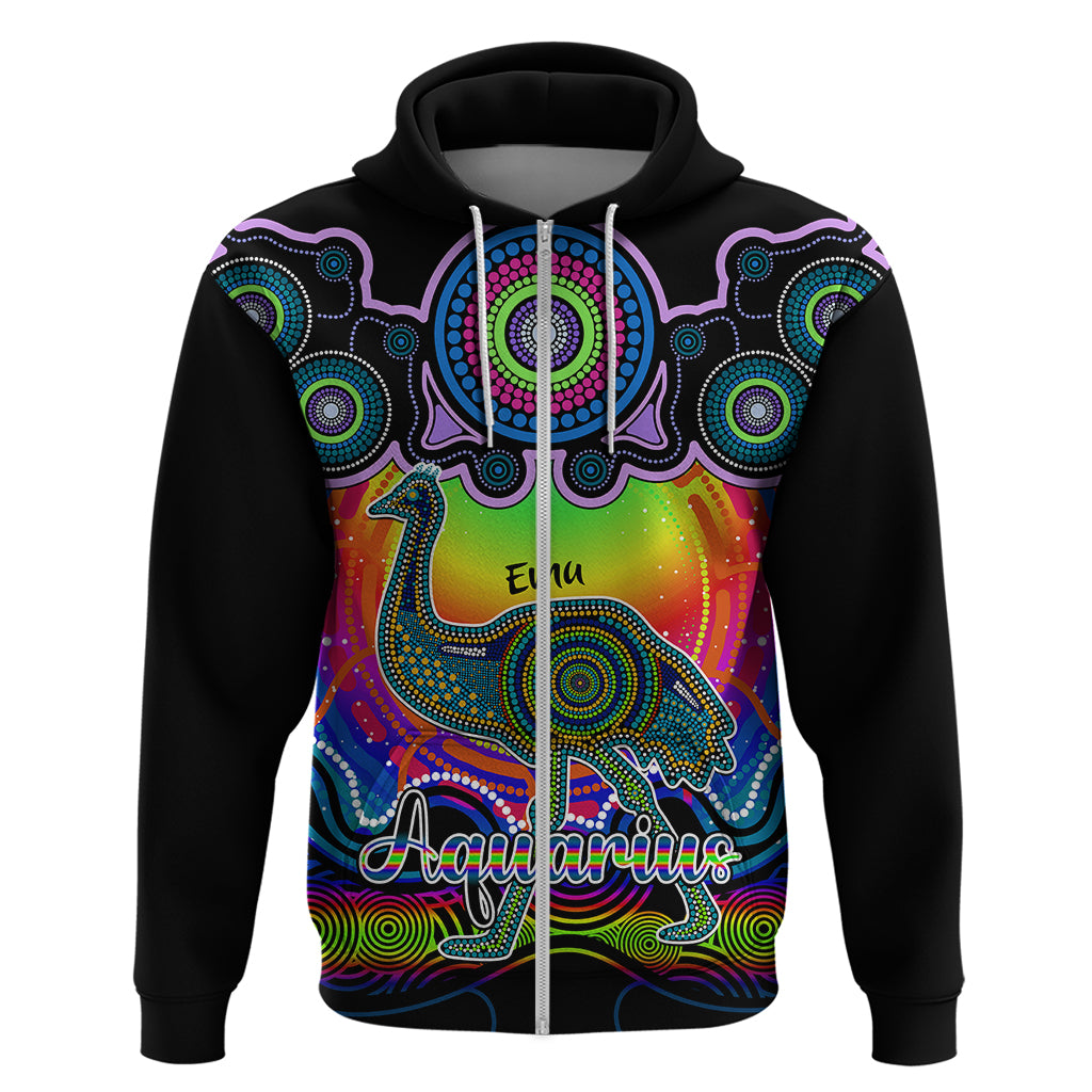 Personalised Australia Aquarius Emu Zodiac Hoodie Auz Astrology Aboriginal - Rainbow LT9 - Vibe Hoodie Shop
