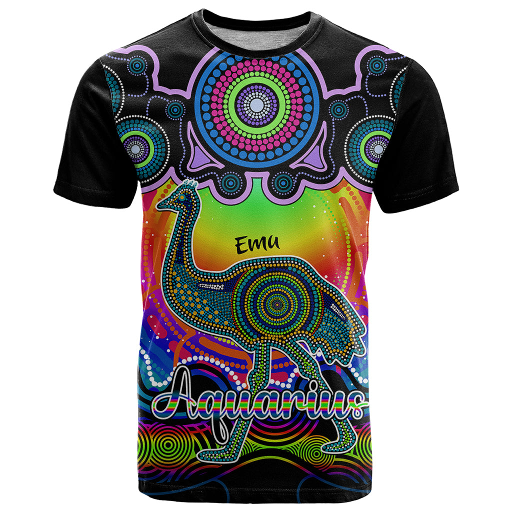 Personalised Australia Aquarius Emu Zodiac T Shirt Auz Astrology Aboriginal - Rainbow LT9 - Vibe Hoodie Shop