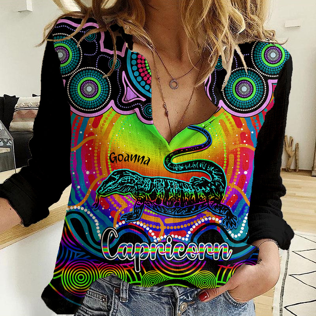 Personalised Australia Capricorn Goanna Zodiac Women Casual Shirt Auz Astrology Aboriginal - Rainbow - Vibe Hoodie Shop