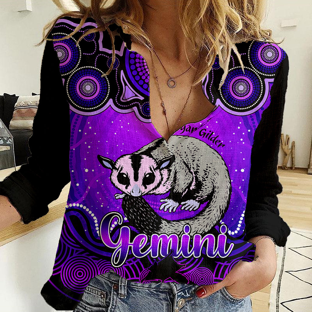 Personalised Australia Gemini Sugar Gilder Zodiac Women Casual Shirt Auz Astrology Aboriginal - Purple - Vibe Hoodie Shop