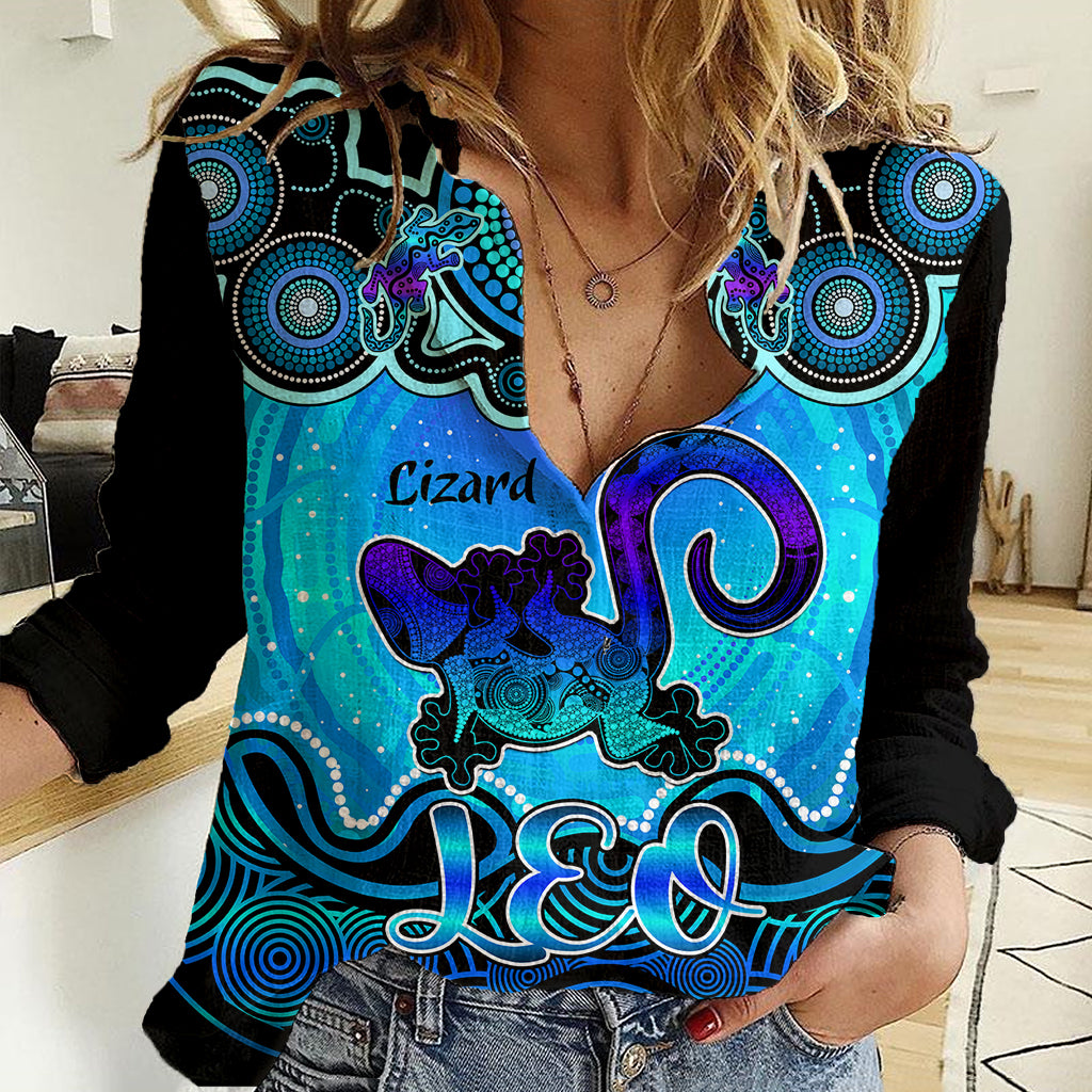 Personalised Australia Leo Lizard Zodiac Women Casual Shirt Auz Astrology Aboriginal - Aqua - Vibe Hoodie Shop
