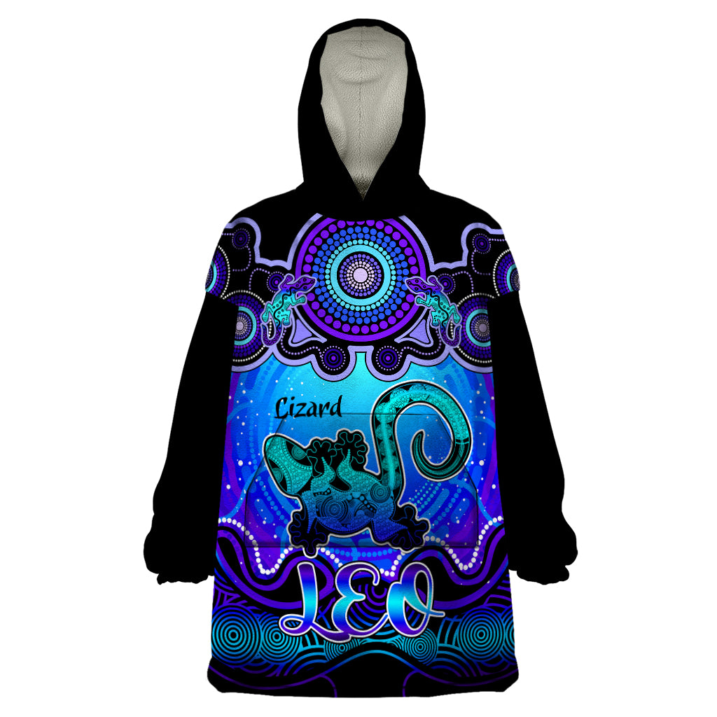 Personalised Australia Leo Lizard Zodiac Wearable Blanket Hoodie Auz Astrology Aboriginal - Blue - Vibe Hoodie Shop