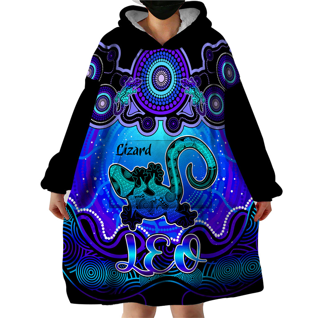 Personalised Australia Leo Lizard Zodiac Wearable Blanket Hoodie Auz Astrology Aboriginal - Blue - Vibe Hoodie Shop