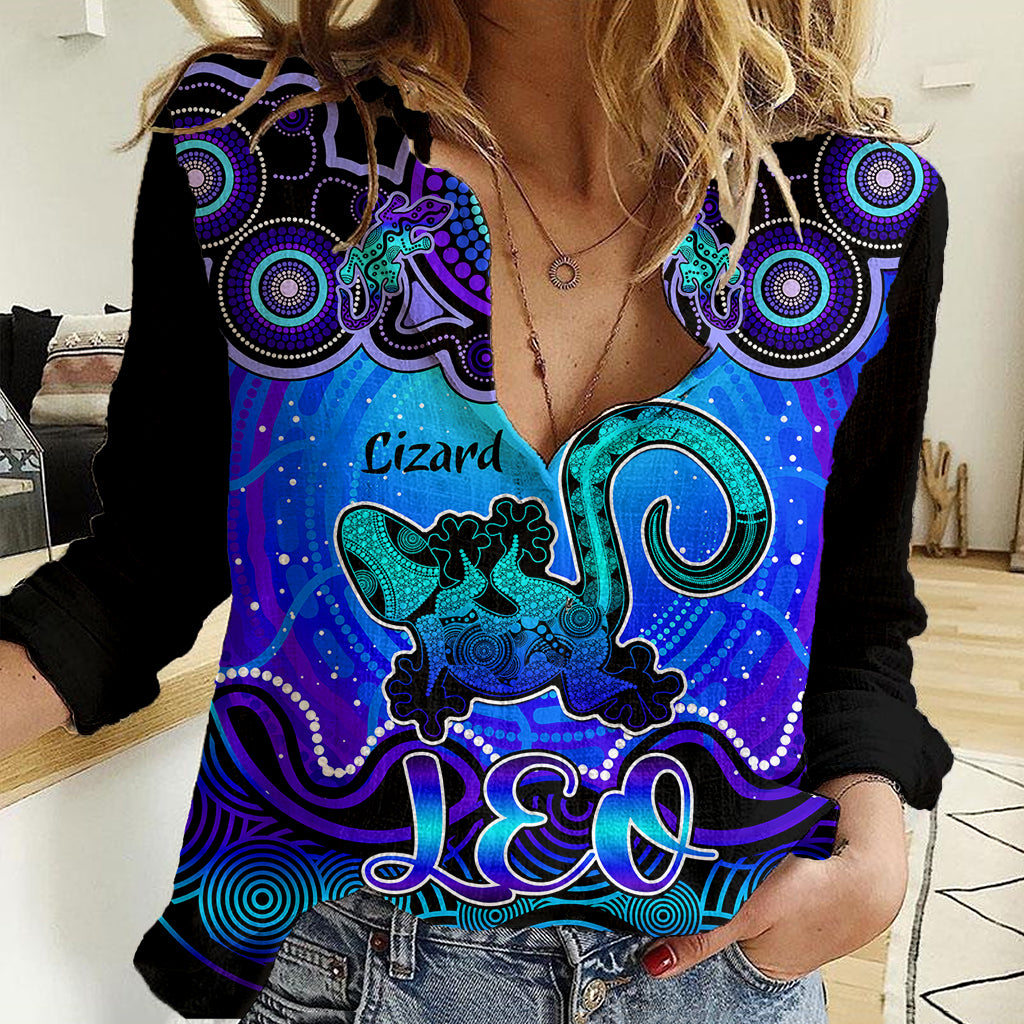 Personalised Australia Leo Lizard Zodiac Women Casual Shirt Auz Astrology Aboriginal - Blue - Vibe Hoodie Shop