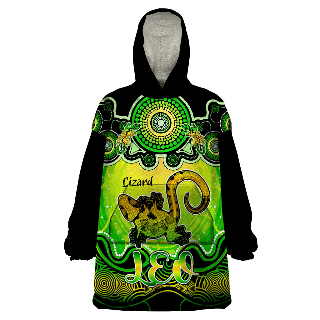 Personalised Australia Leo Lizard Zodiac Wearable Blanket Hoodie Auz Astrology Aboriginal - Green - Vibe Hoodie Shop