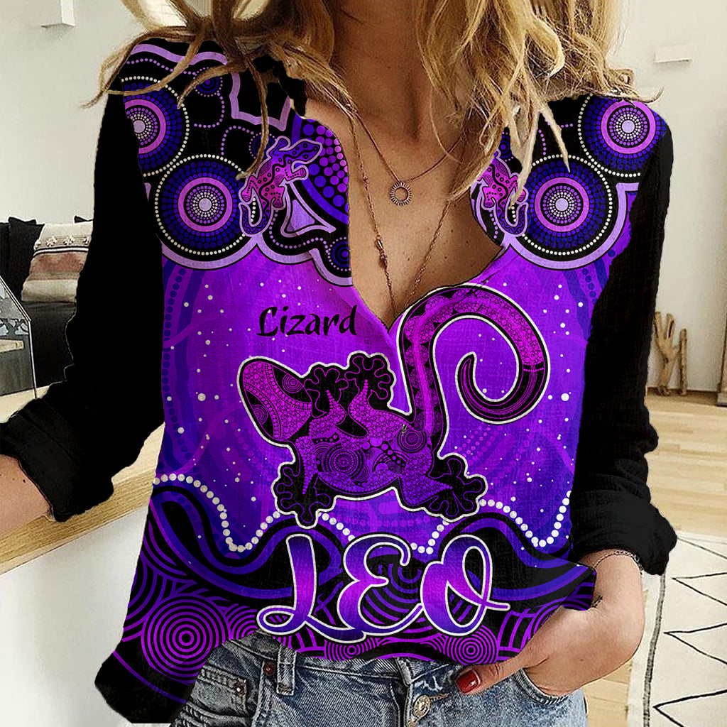 Personalised Australia Leo Lizard Zodiac Women Casual Shirt Auz Astrology Aboriginal - Purple - Vibe Hoodie Shop