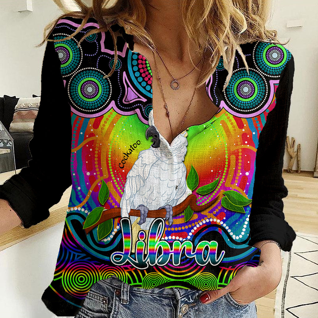 Personalised Australia Libra Cockatoo Zodiac Women Casual Shirt Auz Astrology Aboriginal - Rainbow - Vibe Hoodie Shop