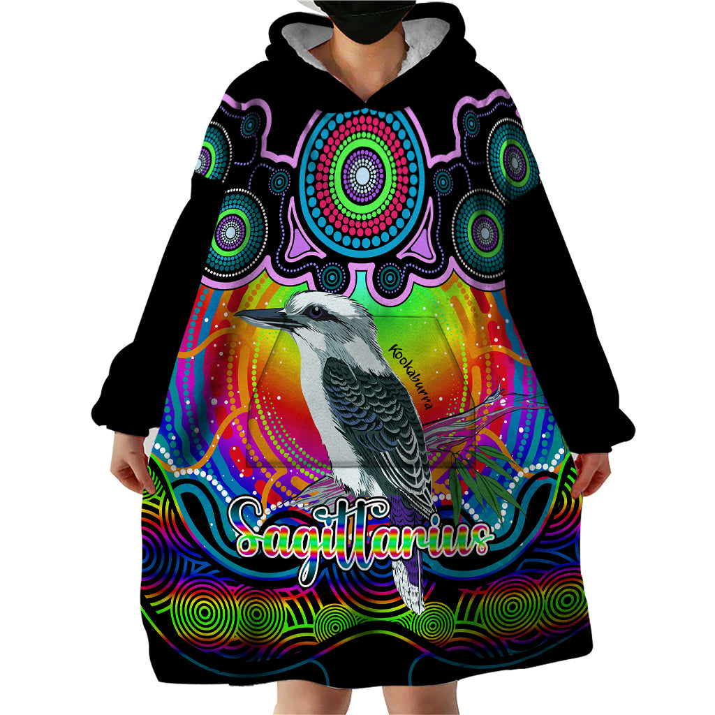 Personalised Australia Sagittarius Kookaburra Zodiac Wearable Blanket Hoodie Auz Astrology Aboriginal - Rainbow - Vibe Hoodie Shop