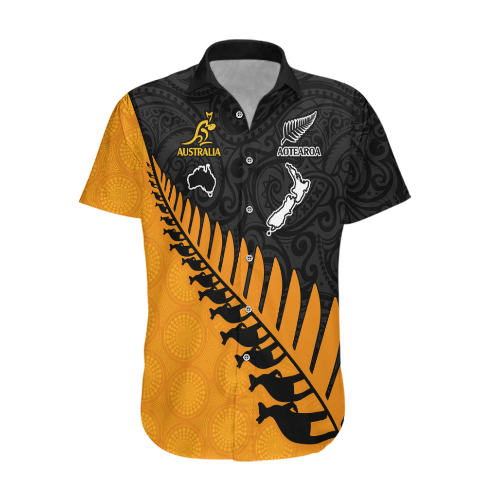Australia Wallabies and Aotearoa Rugby Hawaiian Shirt Kangaroo Black Fern Maori Gold Vibe - Vibe Hoodie Shop