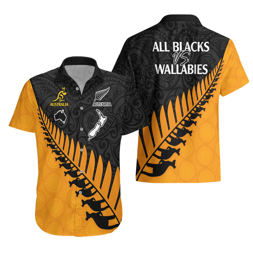 Australia Wallabies and Aotearoa Rugby Hawaiian Shirt Kangaroo Black Fern Maori Gold Vibe - Vibe Hoodie Shop